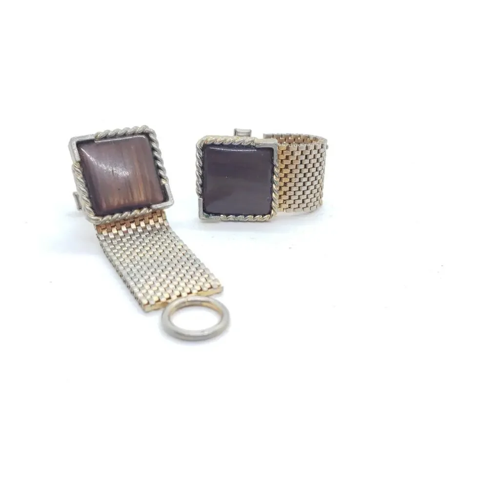 Vintage Cufflinks 1950 Mesh Wrap Gold Plated Lucite Faux Wood Tie Bar Cuff Links